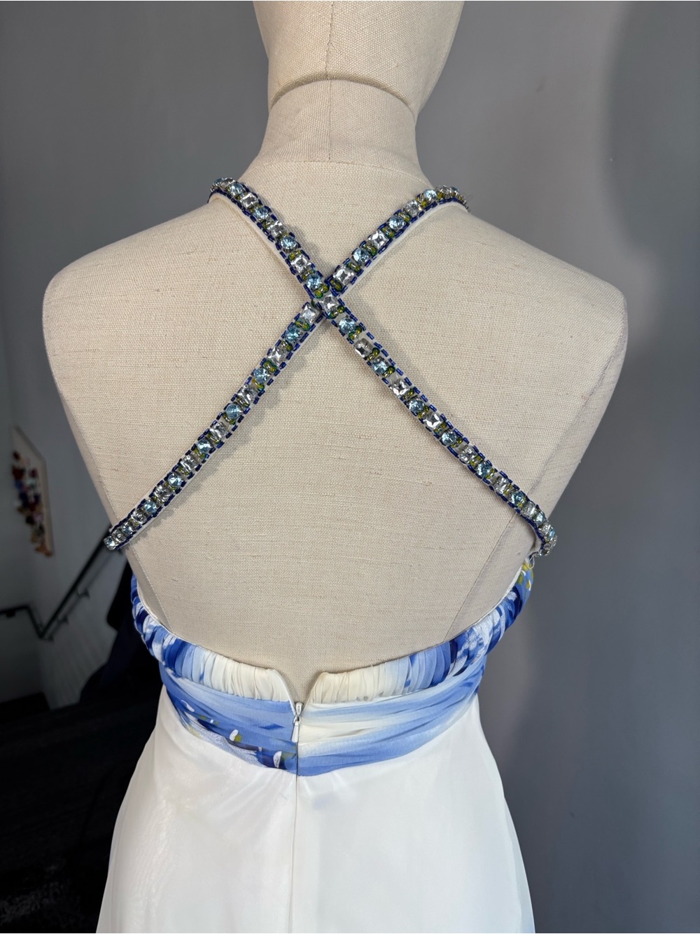 Cache Strapless Blue, White & Green Embellished Evening Dress - Picture 6 of 7